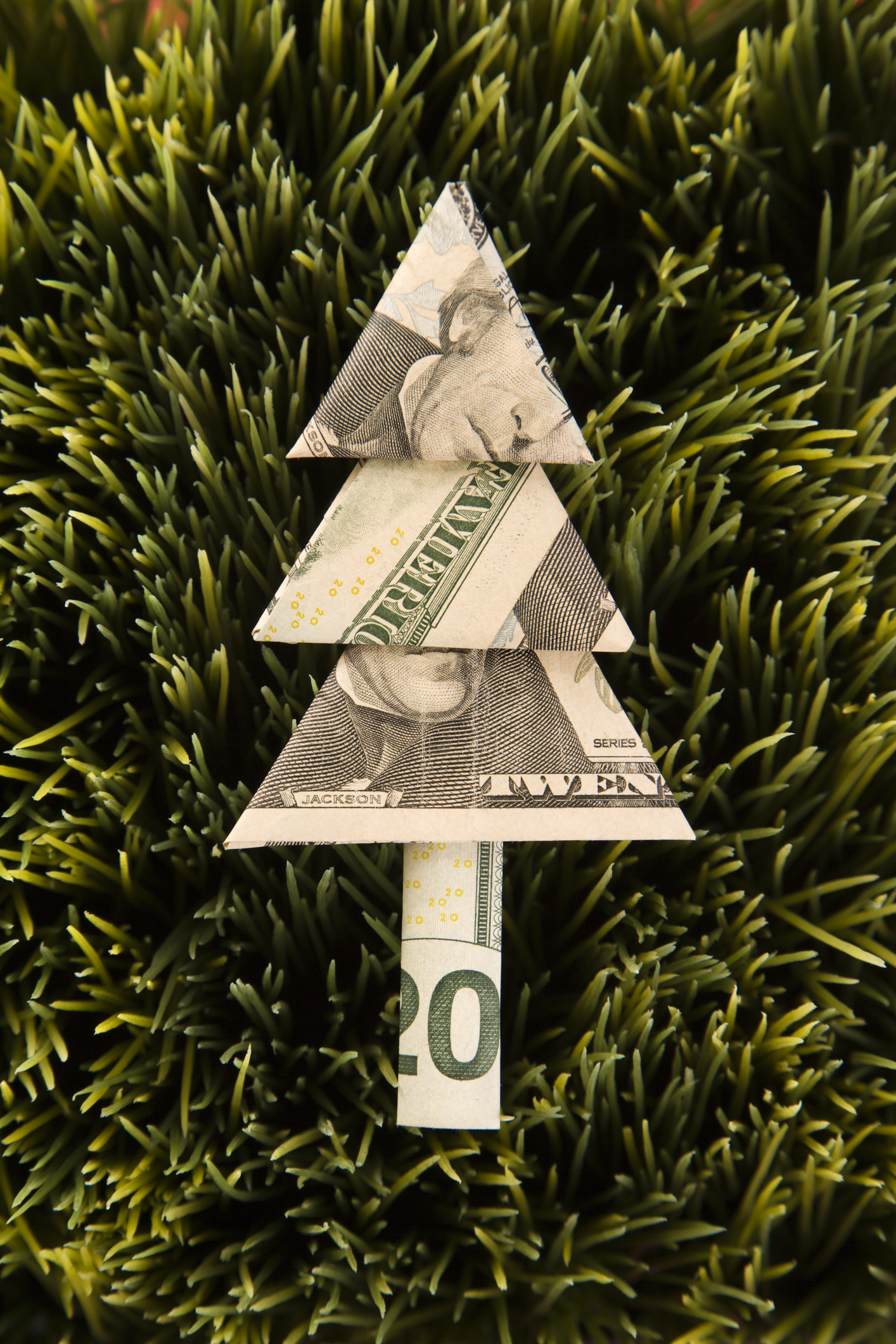 Studio Shot Of Origami Tree Made From A Twenty Dollar Bill