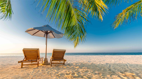 A beach umbrella scene like a vacation you can redeem through a Rewards credit card.